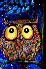 Children's color illustration "Night Predator - Owl". Night, owl, big eyes and twinkling fireflies. Illustration for the book.