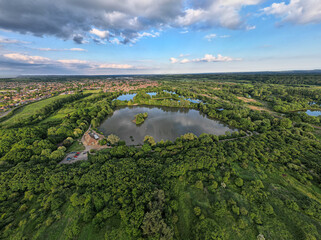 Thatcham Lakes including the Discovery Centre during Golden Hour Aerial View