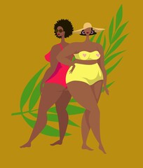Beautiful plump girls. African American women in swimming suit. Body positive. Plus size female body. Flat vector illustration. - 509821978