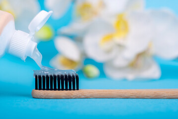 ecological tooth wooden brush and paste on blue background