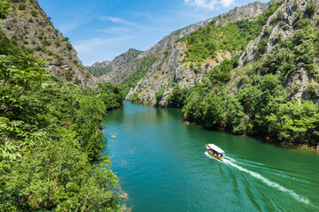 Matka Canyon in Skopje, North Macedonia. Landscape of Matka Canyon and lake, a popular tourist destination in Macedonia - obrazy, fototapety, plakaty