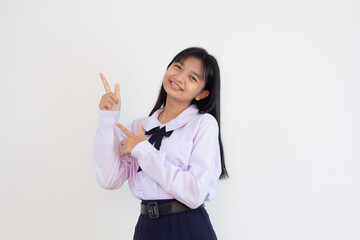 Student girl in uniform on white background.;