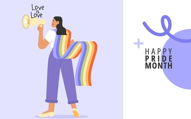 Flat vector illustration with homosexual woman celebrating pride day. Concept of LGBTQ community or Pride Month.