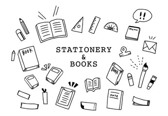 本と文房具の線画セット