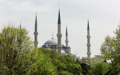 Fototapeta na wymiar Minarets of the Blue Mosque (Sultanahmet). View from Mehmet Akif Ersoy Park. Istanbul, Turkey