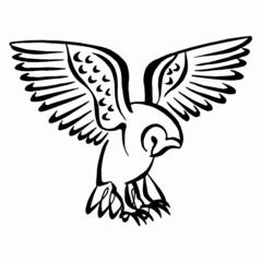 Black and white contour illustration of a flying owl. Vector owl line art. Hand sketch flying bird. Calligraphic illustration.