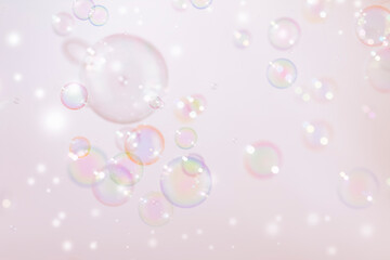 Beautiful Shiny Pink Soap Bubbles Background. Soap Sud Bubbles Water.	