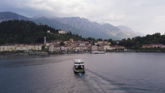 Passenger Ferry Boat Traveling to Bellagio Town at Lake Como, Italy, Aerial