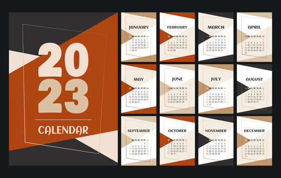Calendar 2023 template, red, brown, beige, white and black desk calendar design. Week start On Sunday, planner, stationery, wall calendar. Vector illustration
