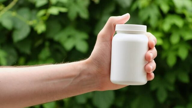 A white plastic jar with lid in man's hand appearing from left side. Close up, copy space, place for label or branding.