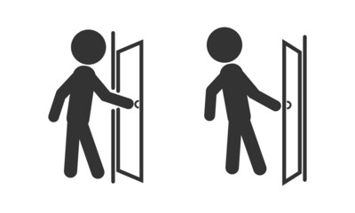 Push and Pull to open door stickman illustration black outline. Label sticker design illustration of man open and close gate