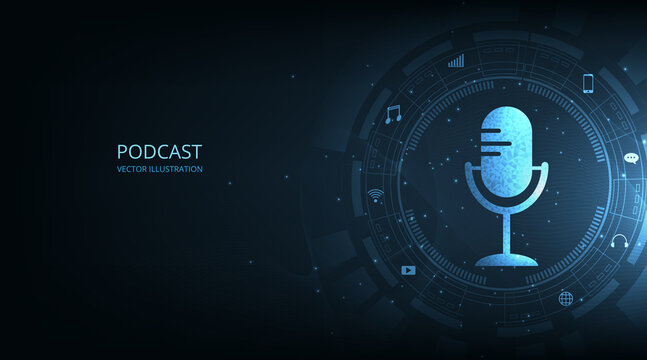 Podcast vector concept.Podcast logo, Microphone icon on dark blue background.