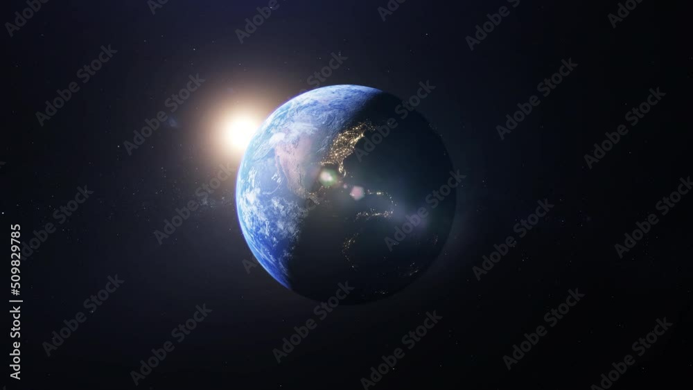 Wall mural cinematic simulation in 3d of approaching the planet earth, abandoning the speed of light until obse