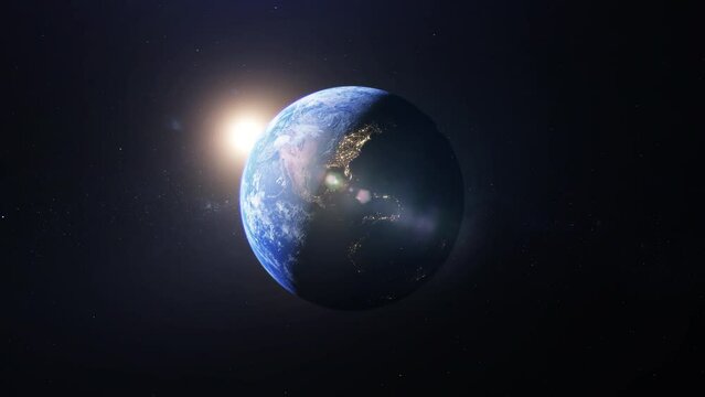 Cinematic simulation in 3d of approaching the planet earth, abandoning the speed of light until observing the sunrise with light reflection effects in the  globe middle.Zoom in from space to the world