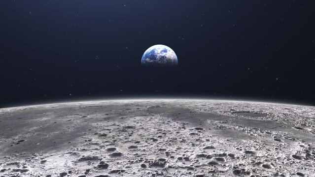Cinematic planet earth view from the moon surface. Starry space in the background. Travel across the lunar soil with craters.