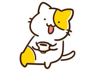 コーヒーを飲みながらリラックスするかわいいねこのデフォルメイラスト