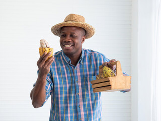 Happy African farmer holding cacao pod and small wooden basket with cacao fruits on white background. Cacao fruits is used as raw ingredient making cocoa or chocolate.