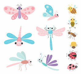 Obraz na płótnie Canvas Collection of cute winged insects and beetles. Funny characters butterfly, dragonfly, bee and mosquito, ladybug and Colorado potato beetle. Vector illustration. Isolated elements for design, decor
