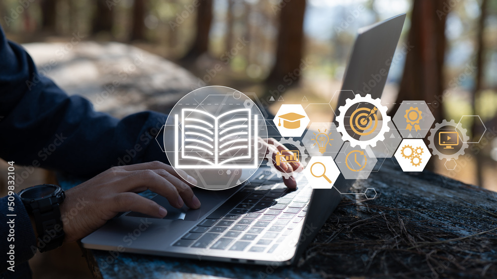 Poster in online education and internet technologies, the e-learning notion is concept. online training cou