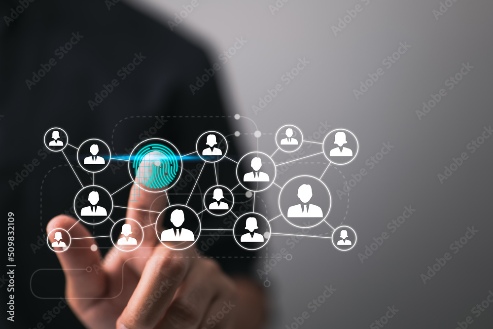 Aufkleber an executive uses his fingerprint to activate a web panel that is equipped with cutting-edge technol