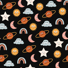 Fototapeta premium Colorful seamless pattern of funny cartoon icons sun, cloud, moon, planet and rainbow isolated on black background. Cute vector characters illustration