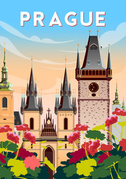 Town Hall and old houses and churches in the background. Prague travel poster. Handmade drawing vector illustration.