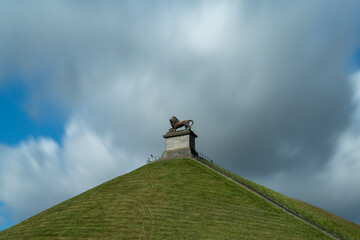 long exposure view of the Lion's Mound memorial statue and hill in Waterloo