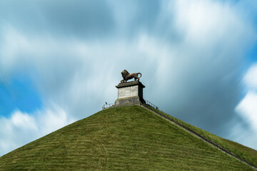 long exposure view of the Lion's Mound memorial statue and hill in Waterloo
