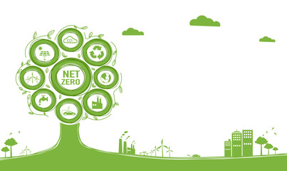 Net zero and carbon neutral concept. Net zero greenhouse gas emissions target. Climate neutral long term strategy with green net zero icon and green icon on green circles doodle background. - obrazy, fototapety, plakaty