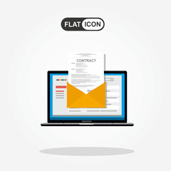 Online electronic documents on laptop vector illustration, flat cartoon paper document with signature on computer screen, concept of digital or internet office, on-line deal, web paperwork 