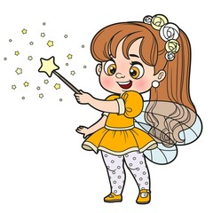 Cute cartoon little fairy conjures with a magic wand color variation for coloring page isolated on a white background