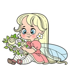 Cute cartoon little fairy sits on the floor and weaves a wreath color variation for coloring page isolated on a white background