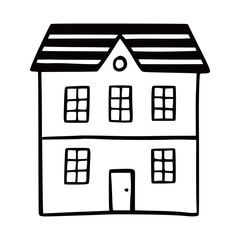 Hand drawn cute house. Doodle sketch style home. House building with window, roof. Vector illustration for home icon.