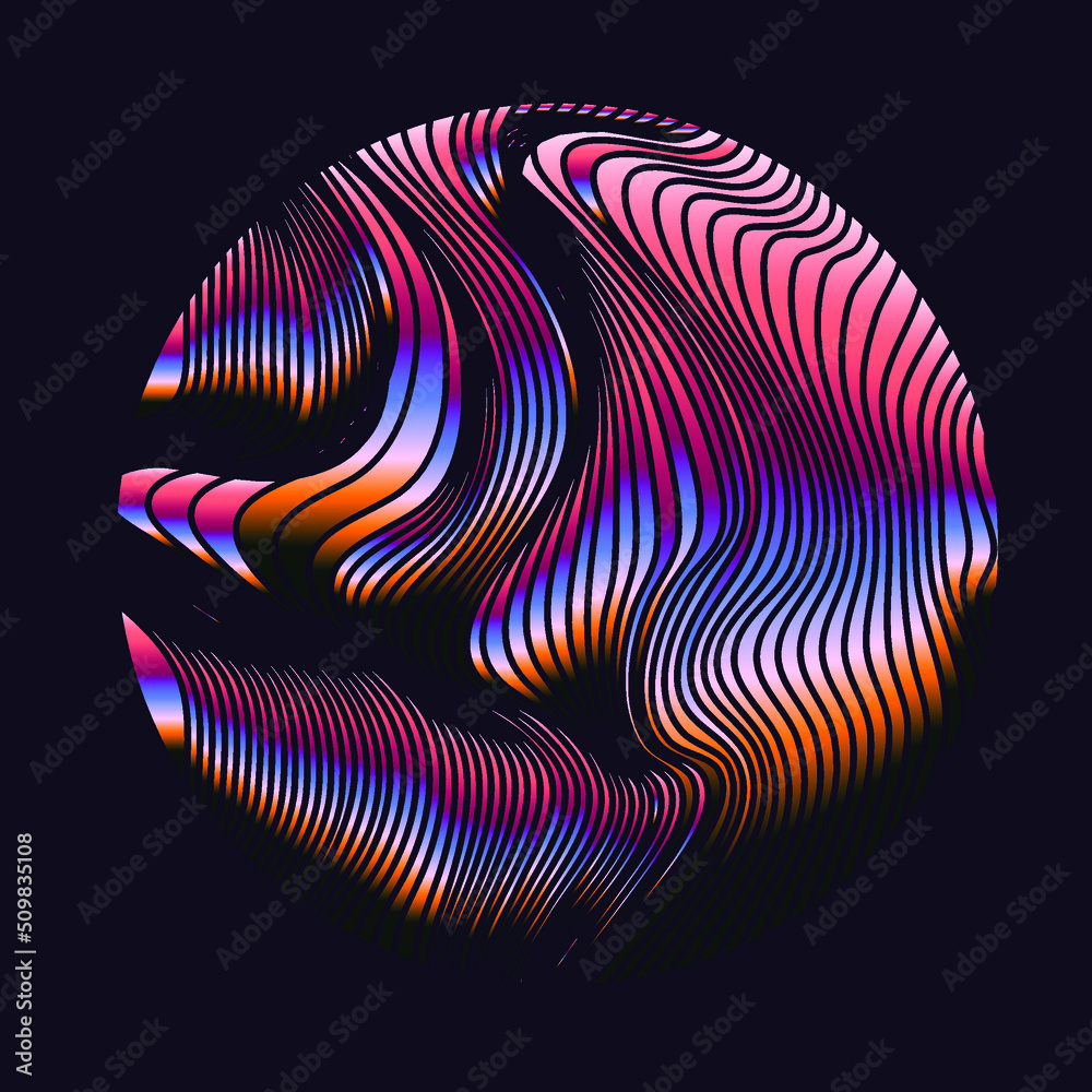 Poster glitched and distorted sphere in holographic colors. trendy logotype template.