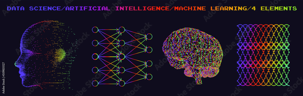 Aufkleber Set of images in sci-fi futuristic style. Concept illustrations for neural network and artificial intelligence subjects.