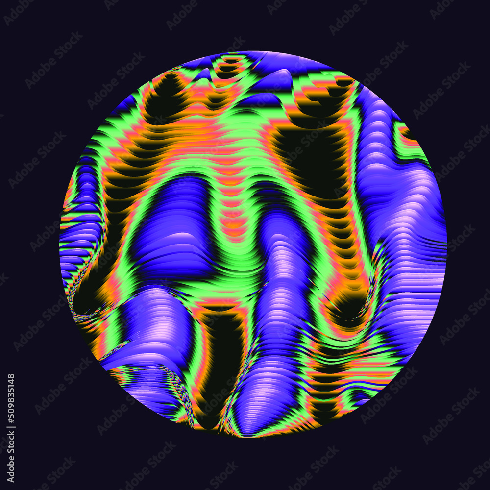Poster glitched and distorted sphere in holographic colors. trendy logotype template.