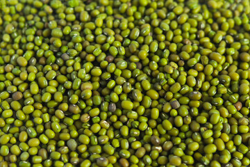 Green uncooked mung beans. Vegetarian healthy organic food diet. Raw green grains.