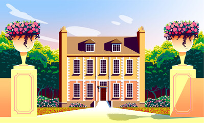 Medieval romantic old mansion with garden, flowering shrubs and trees. Handmade drawing vector illustration. All objects are grouped by layers.