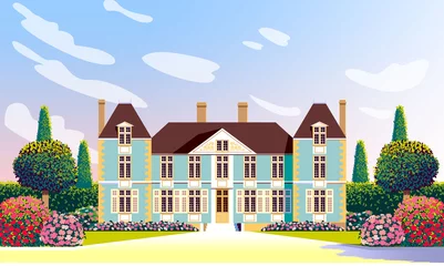 Fotobehang Medieval romantic old mansion with garden, flowering beds and trees. Handmade drawing vector illustration. © alaver