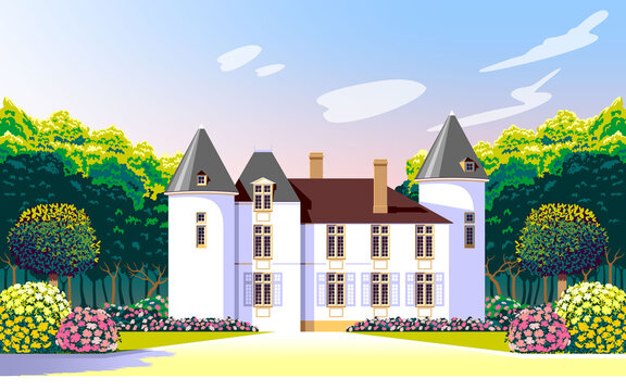 Medieval romantic old mansion with garden, flowering beds and trees. Handmade drawing vector illustration.