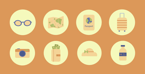 Travel Icons Set of eight elements. Modern flat icons vector collection in stylish colors of traveling, tourism and vacation. Isolated.