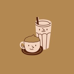 Cappuccino coffee cup, glass with straw. Funny faces. Logo, icon, coffee shop, menu design template. Cute cartoon style characters. Hand drawn modern isolated Vector illustration