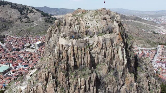Aerial view of Afyonkarahisar Castle and the old town - fortress on the rock in Turkey
