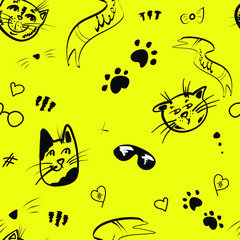 Cute funny pattern with funny cats and decorative elements. A simple bright pattern for children's textiles and printed products. Simple shapes with bright backgrounds.