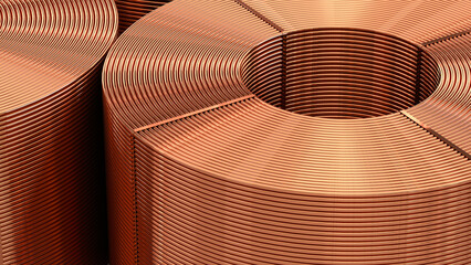 Coil of copper wires in stock. Copper pipes in storage close-up. 3d illustration