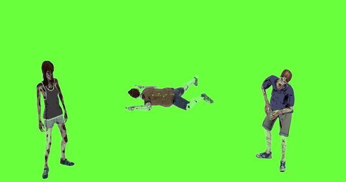 Dying zombies - a group of dying zombis on a green screen.