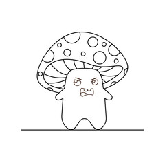 Cute fly agaric, a character for coloring A funny fairy mushroom with a charming face. Children's flat vector illustration on a white background