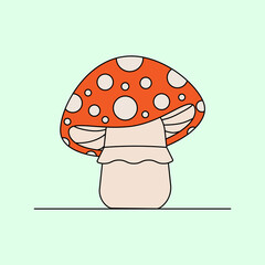 Cute fly agaric. Funny fairy mushroom. Children's flat vector illustration on a green background