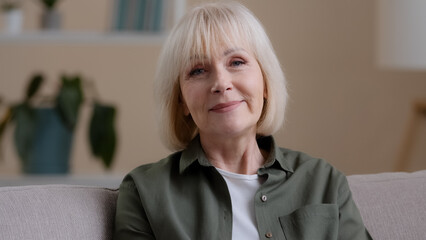 Web cam view close up happy friendly older 60s woman looking at camera talking distant remote...