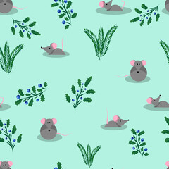 Cute pattern for children's things with mice on a turquoise background and different plants. A simple print especially for children's clothes, pictures, books and things. Perfect for notepads and note